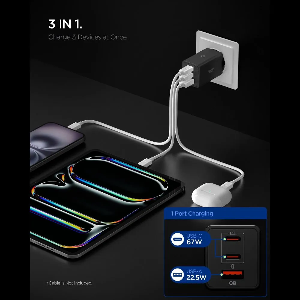  Datu kabeļi SPIGEN ESSENTIAL EE673EU 3-PORT NETWORK CHARGER 67W Viedierīču melns