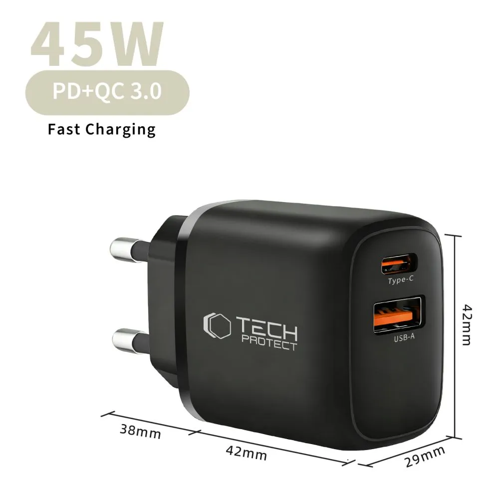  Datu kabeļi TECH-PROTECT NCA45W-GAN 2-PORT NETWORK CHARGER PD 45W / QC3.0 + TYPE-C CABLE Viedierīču melns