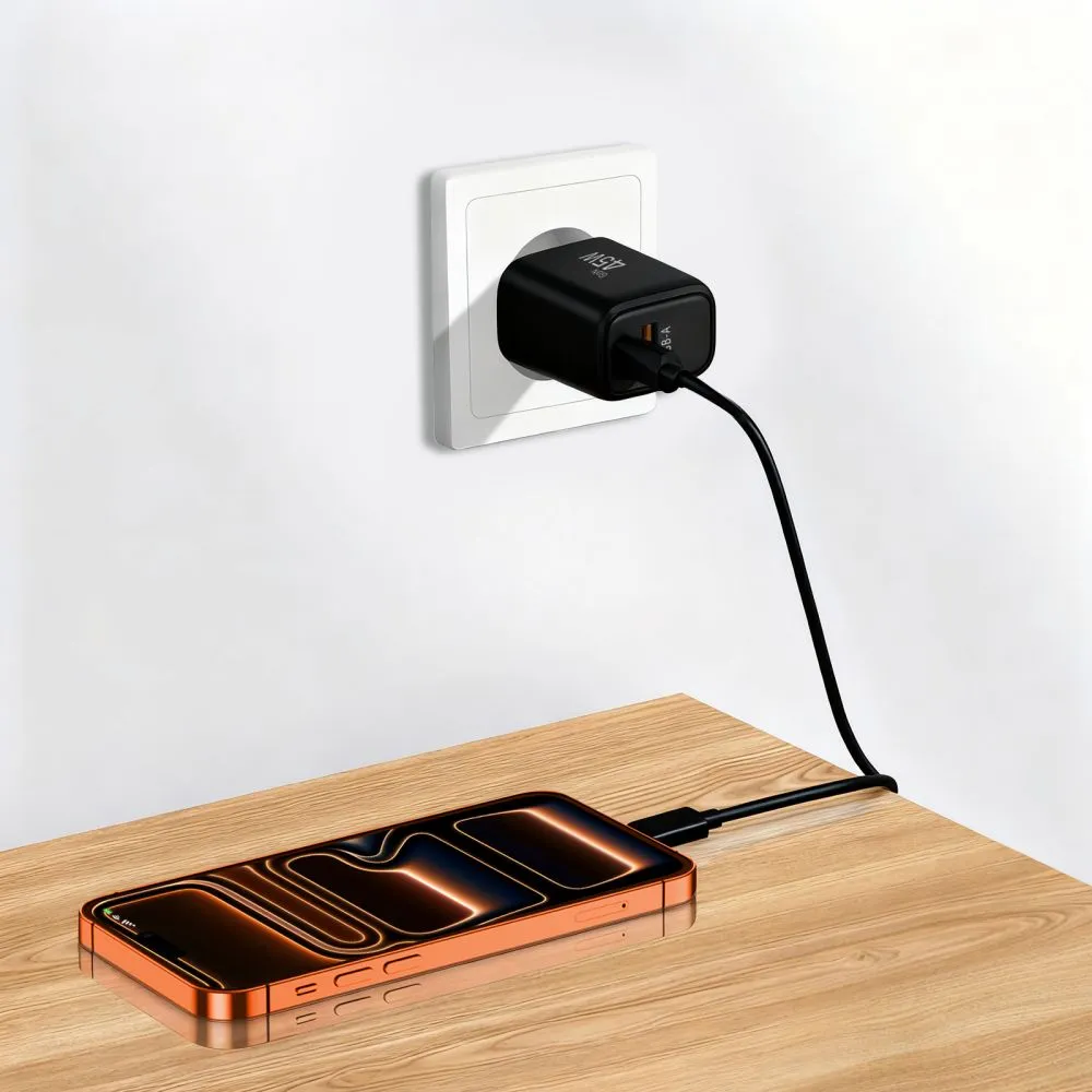  Datu kabeļi TECH-PROTECT NCA45W-GAN 2-PORT NETWORK CHARGER PD 45W / QC3.0 + TYPE-C CABLE Viedierīču melns