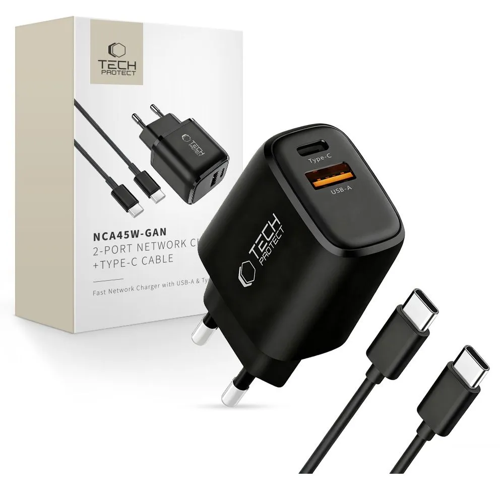  Datu kabeļi TECH-PROTECT NCA45W-GAN 2-PORT NETWORK CHARGER PD 45W / QC3.0 + TYPE-C CABLE Viedierīču melns