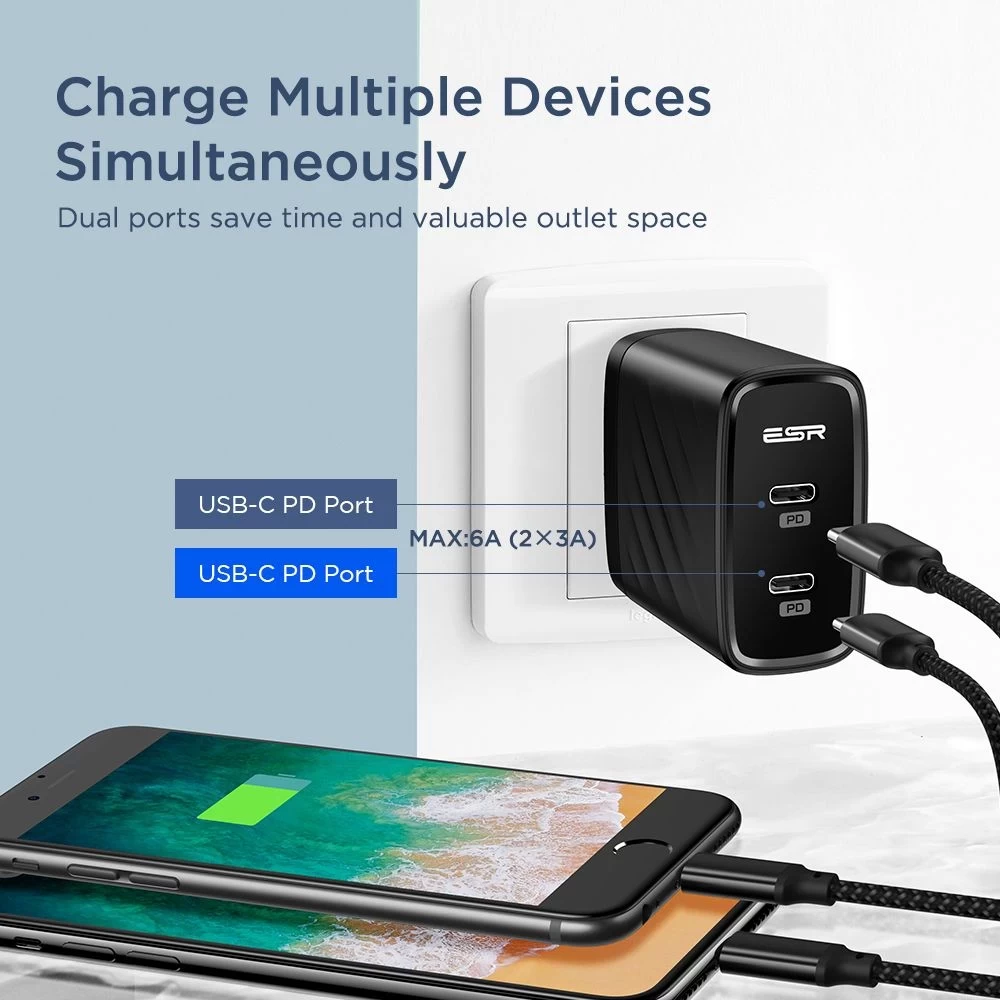  Datu kabeļi ESR 36W 2PD PD Charger  melns