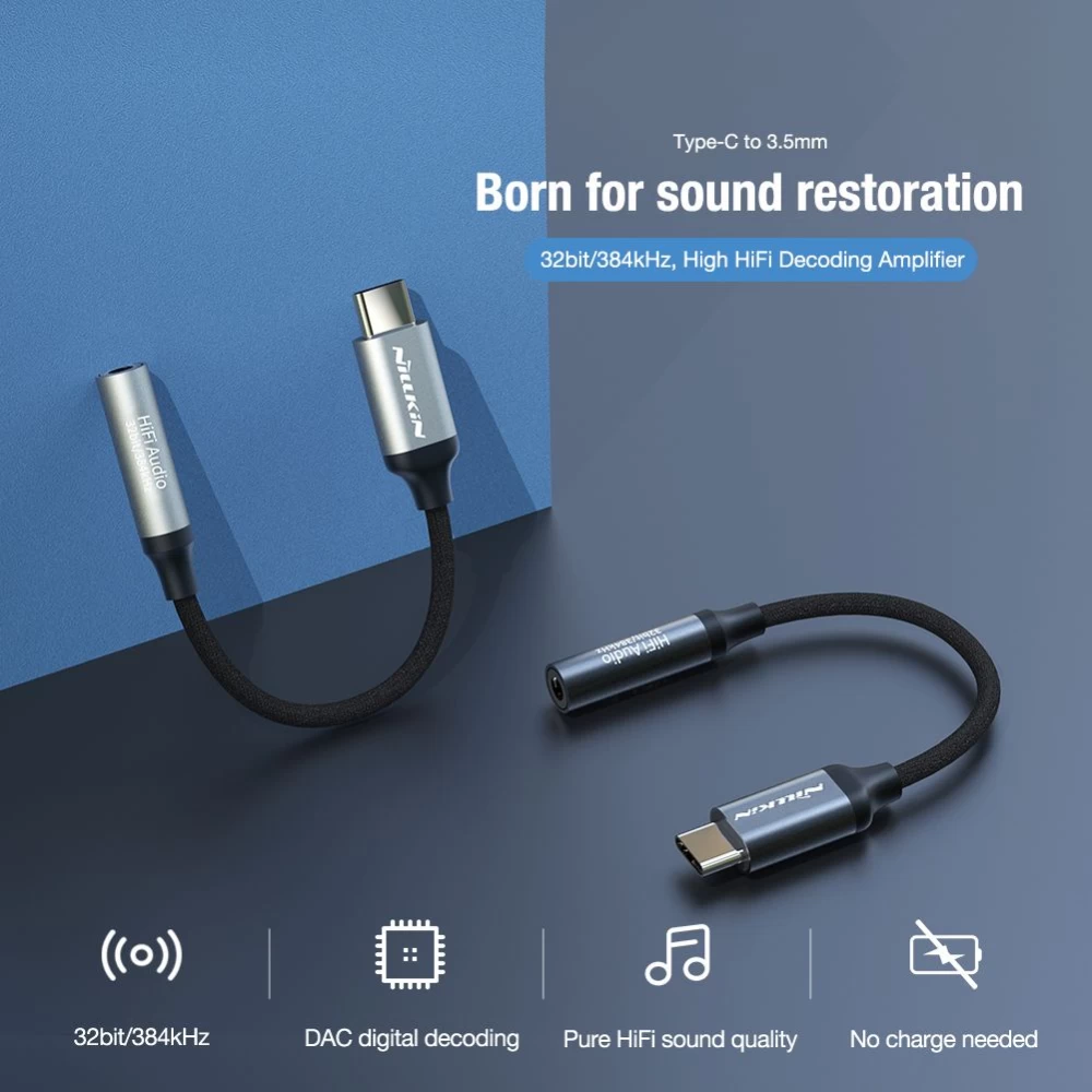  Datu kabeļi Nillkin TYPE-C - 3.5mm HiFi Decoding Amplifier  sudraba