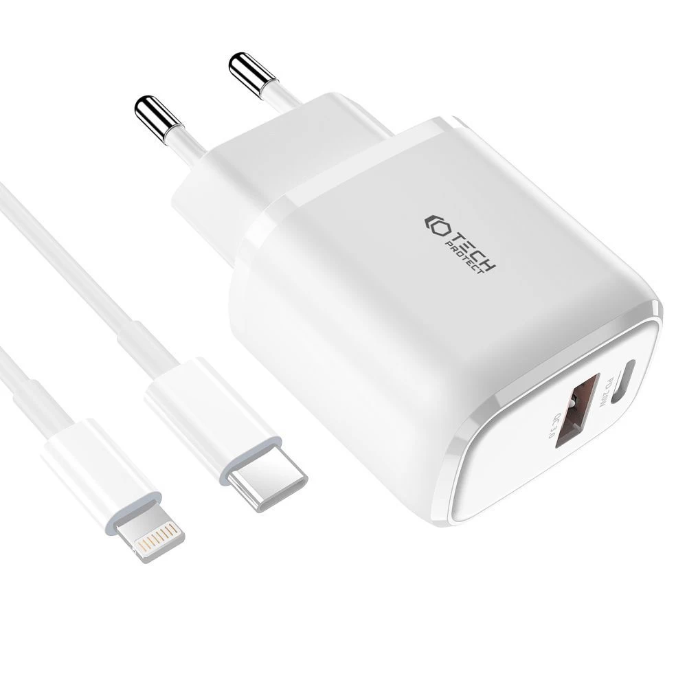 Puhelintarvikkeet Liitäntäkaapelit TECH-PROTECT C20W 2-PORT Network Charger PD20W/QC3.0 + Lightning Cable  valkoinen