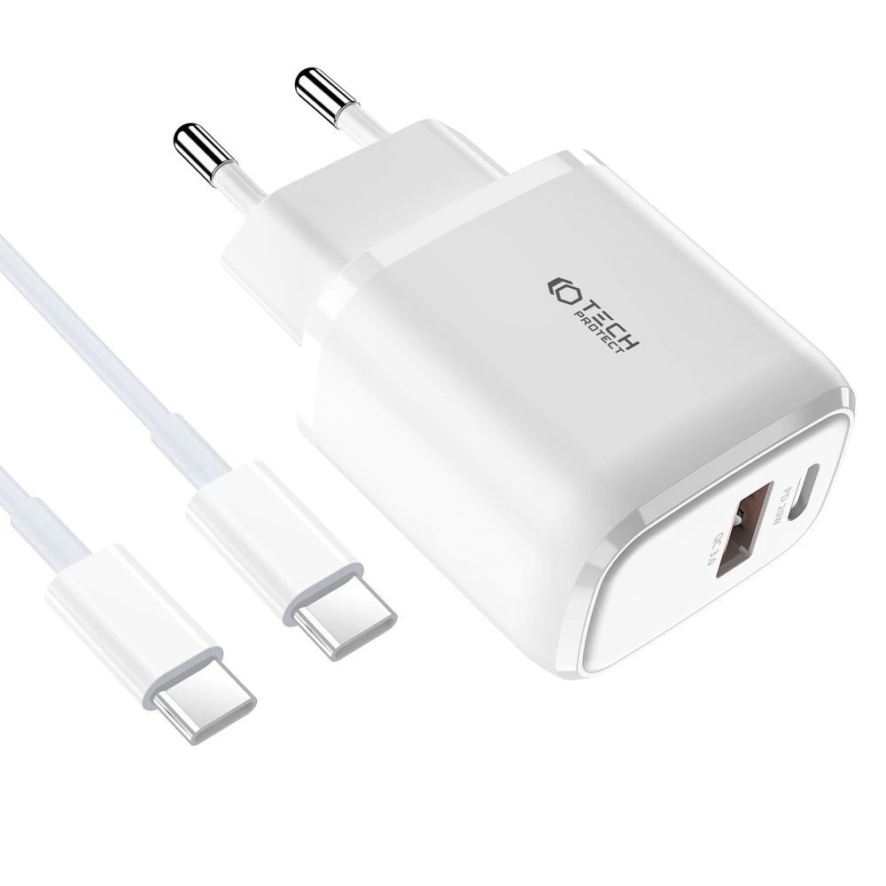 Accessories Data cables TECH-PROTECT C20W 2-PORT Network Charger PD20W/QC3.0 + Type-C Cable  white