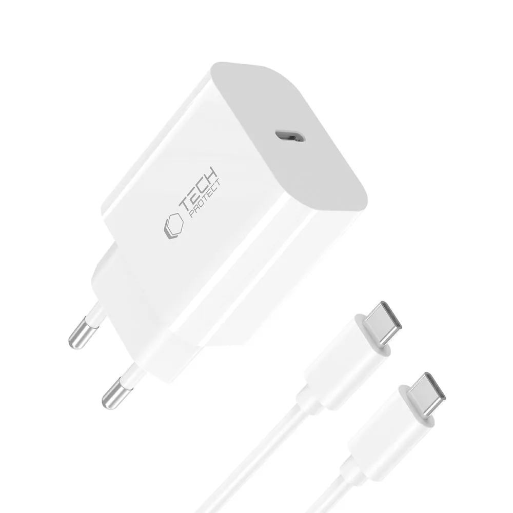 Puhelintarvikkeet Liitäntäkaapelit TECH-PROTECT NC20W 1-PORT NETWORK CHARGER PD20W + TYPE-C CABLE  valkoinen