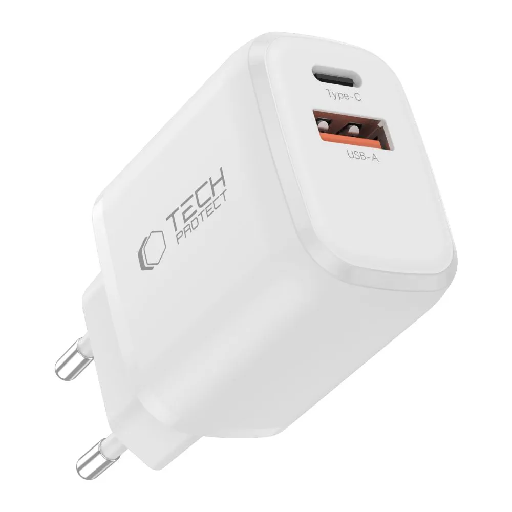 Accessories Data cables TECH-PROTECT NCA20 2-PORT NETWORK CHARGER PD 20W / QC3.0 + TYPE-C CABLE  white