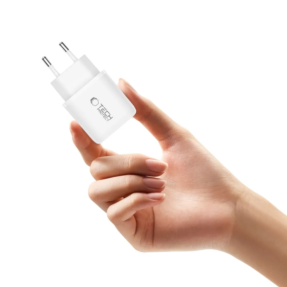 Accessories Data cables TECH-PROTECT NCA20 2-PORT NETWORK CHARGER PD 20W / QC3.0 + TYPE-C CABLE  white