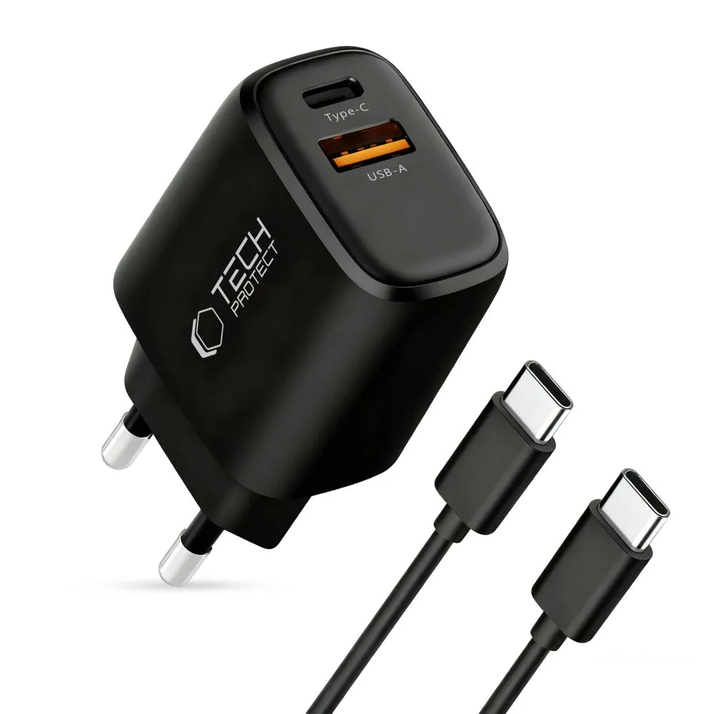  Datu kabeļi TECH-PROTECT NCA45W-GAN 2-PORT NETWORK CHARGER PD 45W / QC3.0 + TYPE-C CABLE Viedierīču melns