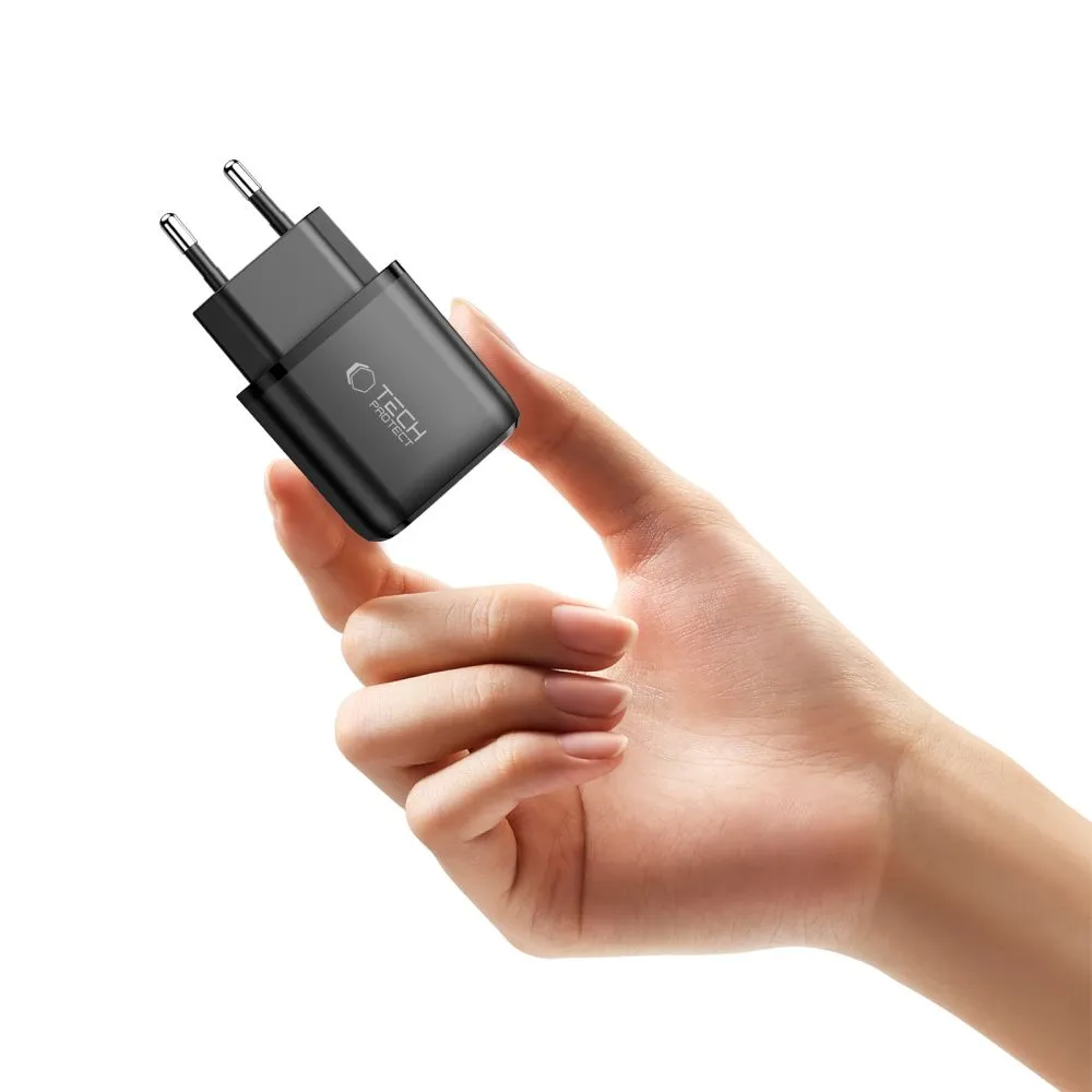  Datu kabeļi TECH-PROTECT NCA45W-GAN 2-PORT NETWORK CHARGER PD 45W / QC3.0 + TYPE-C CABLE Viedierīču melns