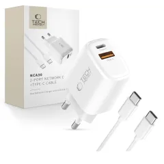  Datu kabeļi TECH-PROTECT NCA30 2-PORT NETWORK CHARGER PD 30W / QC3.0 + TYPE-C CABLE 