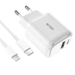 Priedai Duomenų kabeliai TECH-PROTECT C20W 2-PORT Network Charger PD20W/QC3.0 + Lightning Cable  baltas