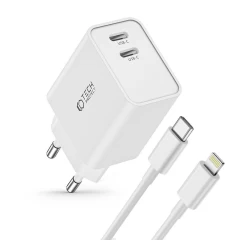  Datu kabeļi TECH-PROTECT C35W 2-PORT NETWORK CHARGER PD35W + LIGHTNING CABLE  balts