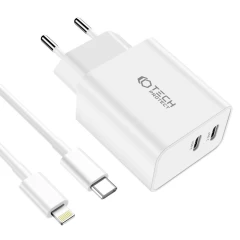 Datu kabeļi TECH-PROTECT C35W 2-PORT NETWORK CHARGER PD35W + LIGHTNING CABLE  balts