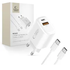  Datu kabeļi TECH-PROTECT NCA20 2-PORT NETWORK CHARGER PD 20W / QC3.0 + TYPE-C CABLE  balts