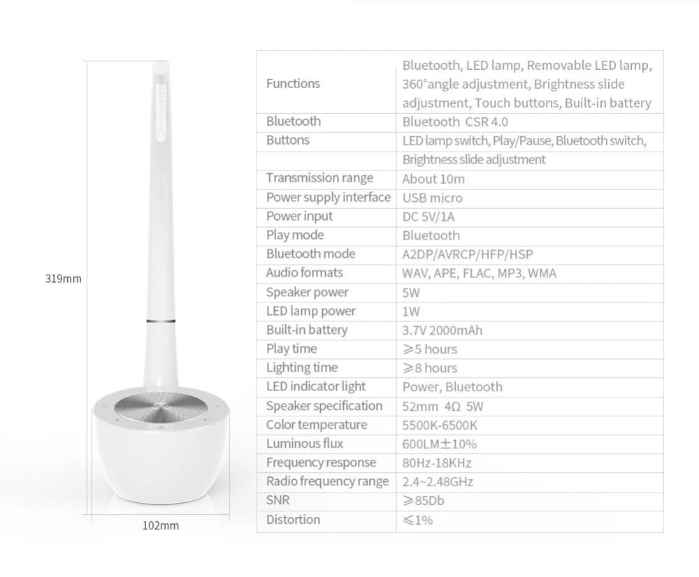 Bluetooth skaļruņi Phantom Ⅱ LED Lamp / Speaker  balts