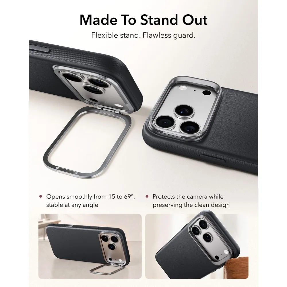 Apple iPhone 18 Pro Telefona vāciņš melns ESR LEATHER KICKSTAND MAGSAFE